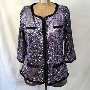 IMAN charcoal sequin w/black trim 3/4 sleeve light jacket/sweater.
